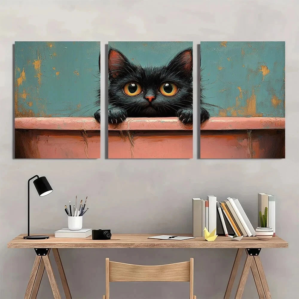 3pcs Retro Funny Black Cute Cat Metal Print Ready to Hang Art