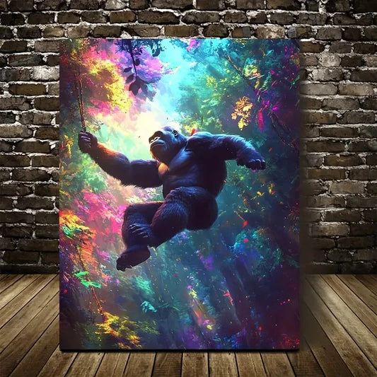 Gorilla Swinging in Magical Forest Painting 40x60cm Metal Print Ready to Hang