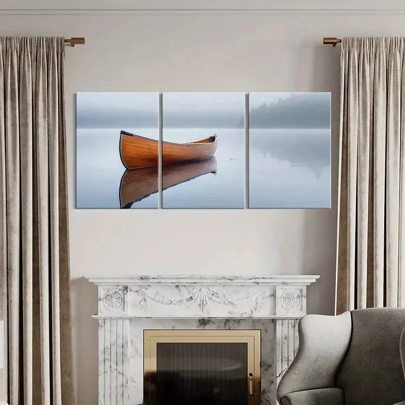 3pcs Tranquil Lake Scene with Wooden Canoe Metal Print Ready to Hang Art