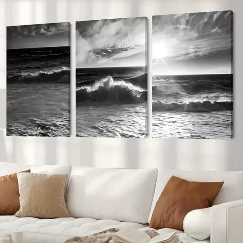 3pcs Dark Ocean Wave on Beach Canvas Framed 60x90cm - High Quality Print 100% Australian Made Wall Canvas Ready to Han