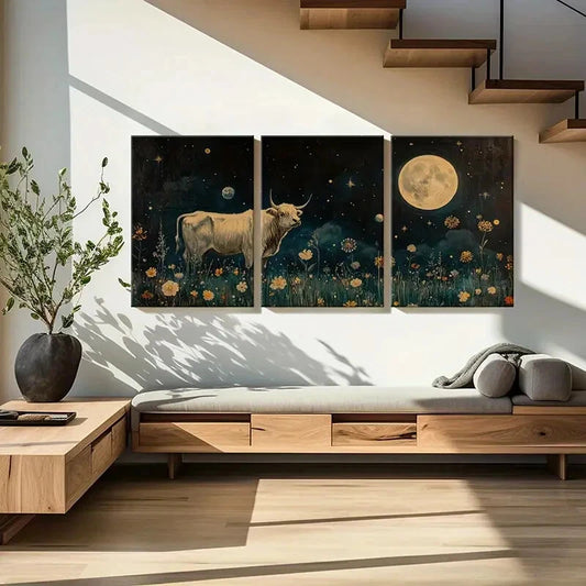 3pcs Moonlit Night Highland Cow Floral Meadow Metal Print Ready to Hang Art