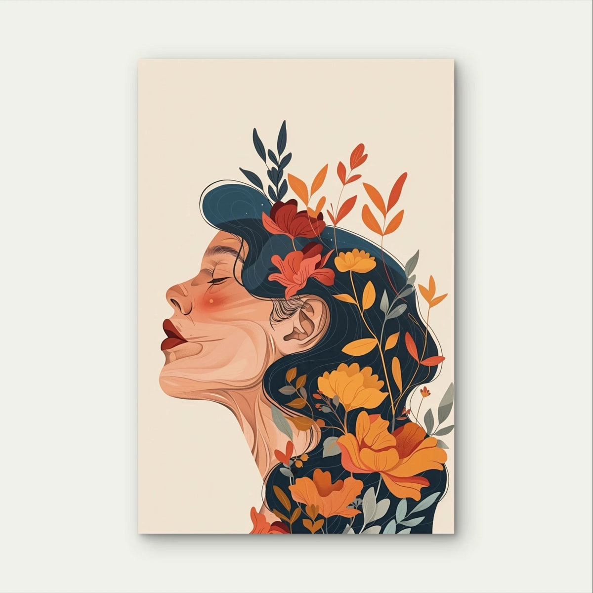 Woman with Floral Hair Line Art Portrait 40x60cm Metal Print Ready to Hang
