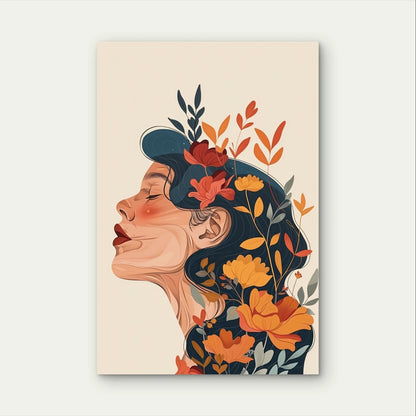 Woman with Floral Hair Line Art Portrait 40x60cm Metal Print Ready to Hang