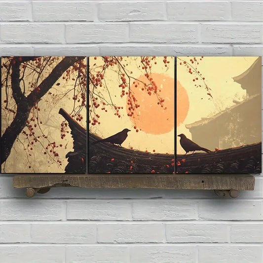 3pcs Tree on Eaves Two Birds Red Leaves Metal Print Ready to Hang Art