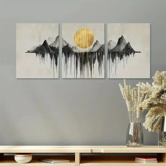 3pcs Abstract Golden Sun Painting Metal Print Ready to Hang Art