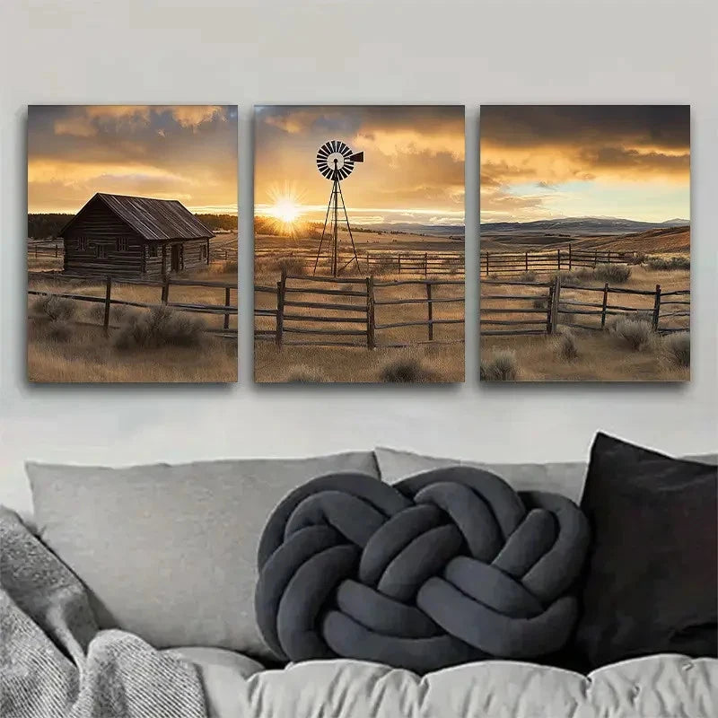 3pcs Rural Farm Sunset Wall Art Set Metal Print Ready to Hang Art