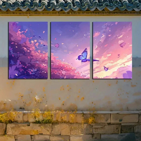 3pcs Serene Butterfly & Floral Pink Illustration Metal Print Ready to Hang Art