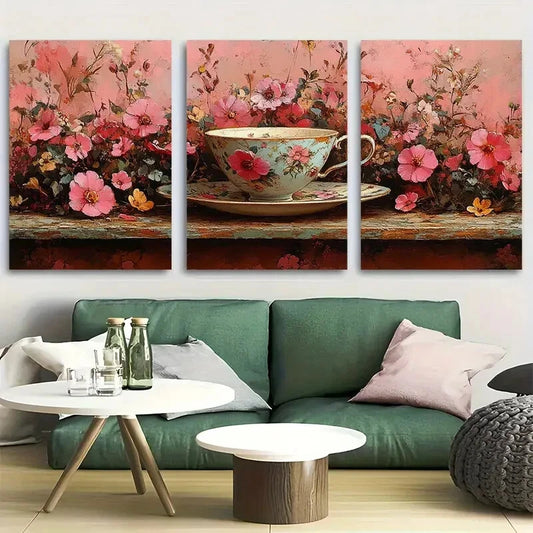 3pcs Floral Teacup in Botanical Pink Cottagecore Metal Print Ready to Hang Art
