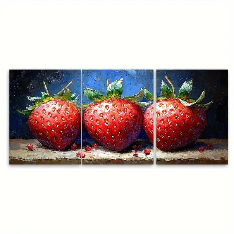 3pcs Vibrant Red & Green Strawberries Fruit Wall Art Set Canvas Framed 40x60cm - High Quality Print 100% Australian Made Wall Canvas Ready to Hang