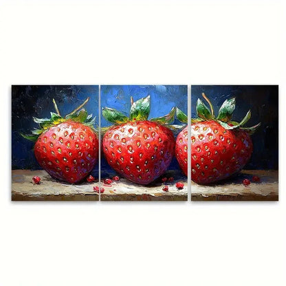 3pcs Vibrant Red & Green Strawberries Fruit Wall Art Set Canvas Framed 40x60cm - High Quality Print 100% Australian Made Wall Canvas Ready to Hang