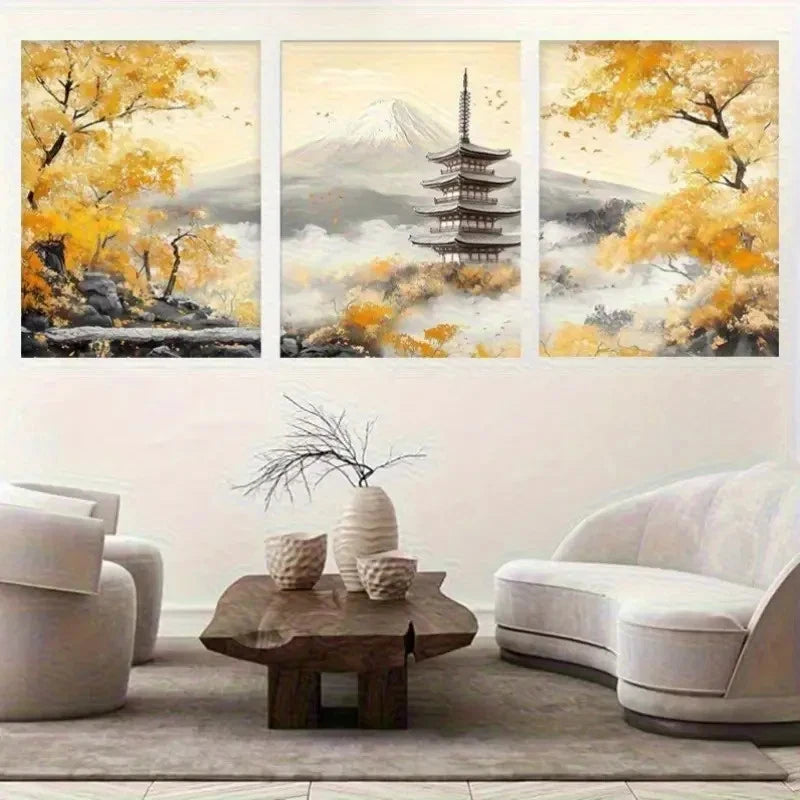 3pcs Mount Fuji Temple Tower & Autumn Trees Metal Print Ready to Hang Art