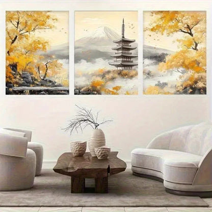 3pcs Mount Fuji Temple Tower & Autumn Trees Metal Print Ready to Hang Art