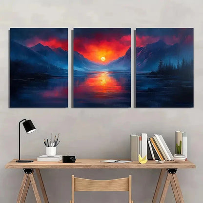 3pcs Vibrant Sunset & Mountain Landscape Scenery Metal Print Ready to Hang Art
