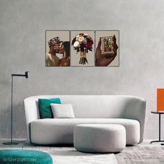 3pcs Elegant Black Couple & Luxurious Jewelry Metal Print Ready to Hang Art