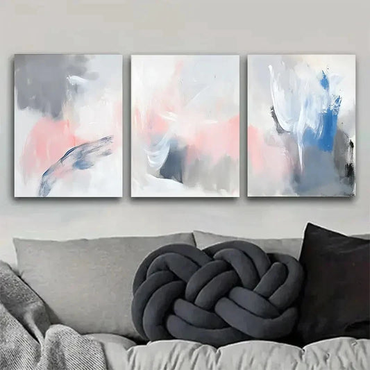 3pcs Pink Gray and Blue Abstract Brushstrokes Metal Print Ready to Hang Art
