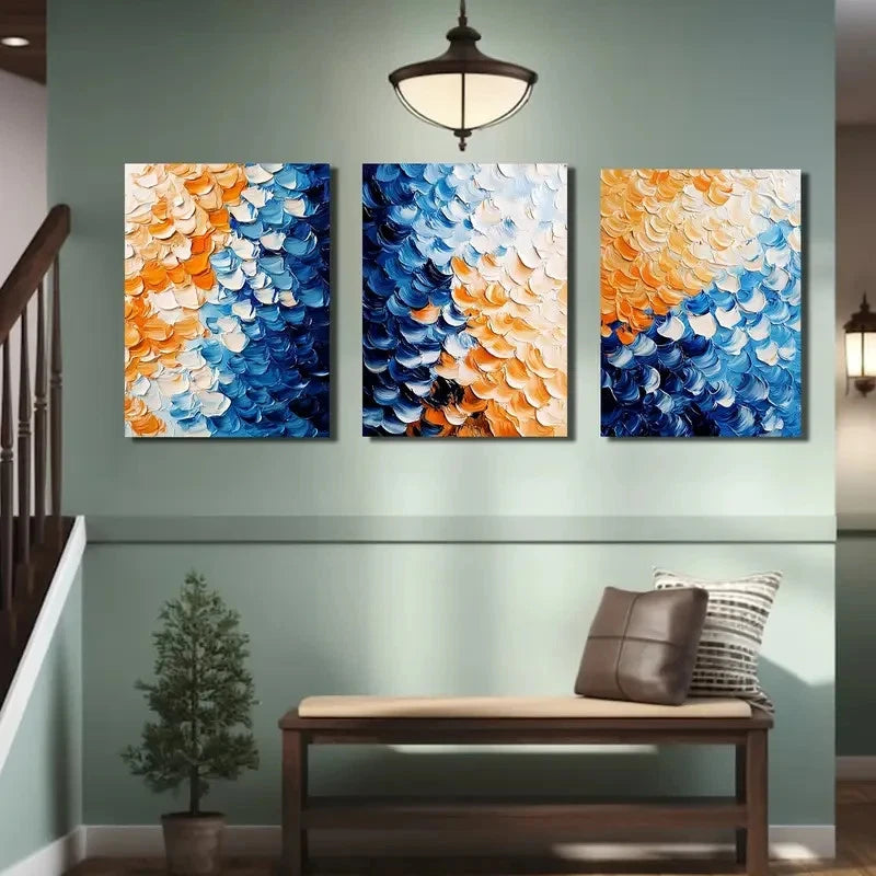 3pcs Abstract Blue And Orange Flower Petals Metal Print Ready to Hang Art