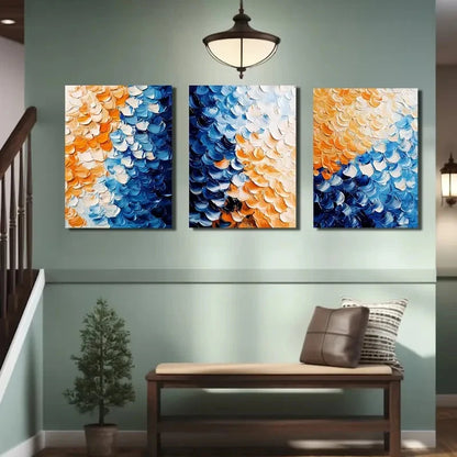 3pcs Abstract Blue And Orange Flower Petals Metal Print Ready to Hang Art