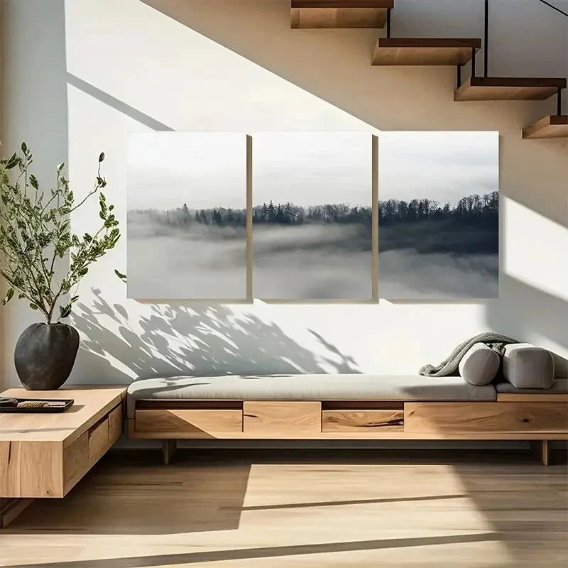 3pcs Blue & Grey Landscape with Foggy Trees Metal Print Ready to Hang Art