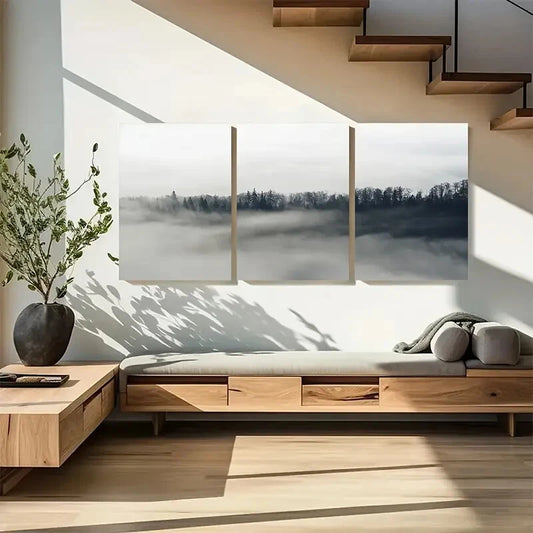 3pcs Blue & Grey Landscape with Foggy Trees Metal Print Ready to Hang Art