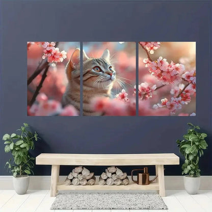 3pcs Cherry Blossom Cat Spring Themed Metal Print Ready to Hang Art