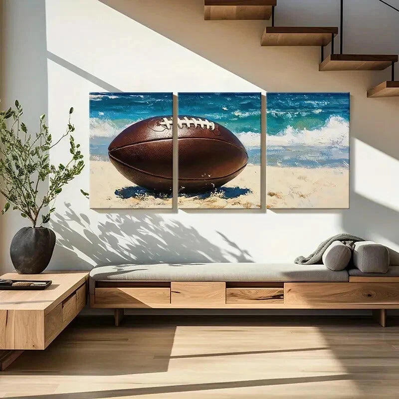 3pcs Ocean Waves Football Art Rugby Sports Theme Metal Print Ready to Hang Art
