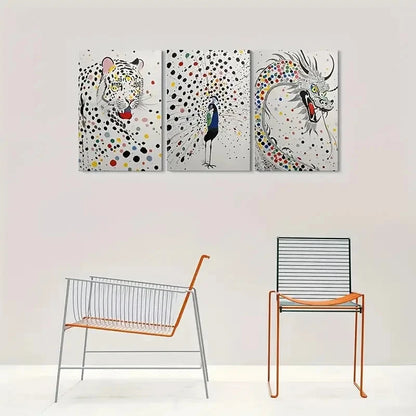 3pcs Modern Leopard Peacock and Dragon Metal Print Ready to Hang Art