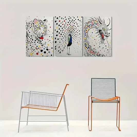 3pcs Modern Leopard Peacock and Dragon Metal Print Ready to Hang Art