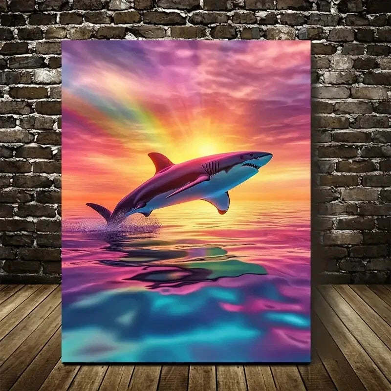 Vibrant Colors Scene of Shark Jumping Joyfully 40x60cm Metal Print Ready to Hang
