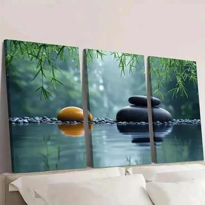 3pcs Zen Bamboo And Stone Calming Nature Decor Wall Art Set Canvas Framed 40x60cm - High Quality Print 100% Australian Made Wall Canvas Ready to Hang