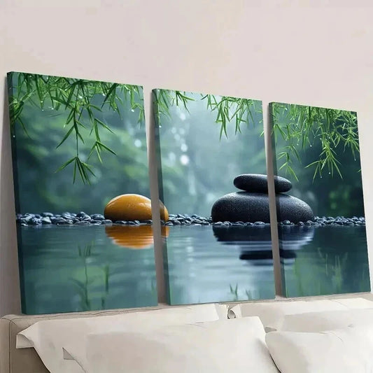 3pcs Zen Bamboo And Stone Calming Nature Decor Wall Art Set Canvas Framed 40x60cm - High Quality Print 100% Australian Made Wall Canvas Ready to Hang