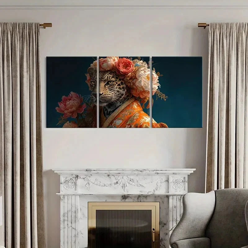 3pcs Elegant Leopard Floral Crown Orange Kimono Metal Print Ready to Hang Art