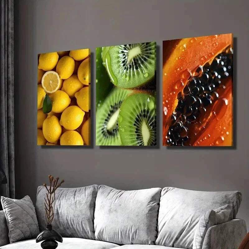 3pcs Tropical Lemon and Papaya Kiwi Poster Wall Art Set Canvas Framed 50x70cm - High Quality Print 100% Australian Made Wall Canvas Ready to Hang