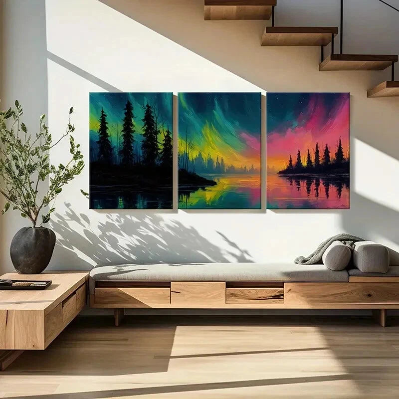 3pcs Northern Vibrant Night Sky Landscape Art Metal Print Ready to Hang Art