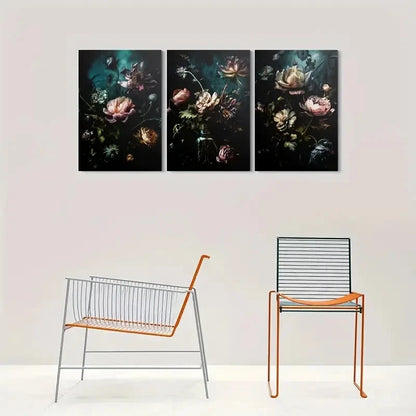 3pcs Dark Floral Elegant with Peonies and Roses Metal Print Ready to Hang Art