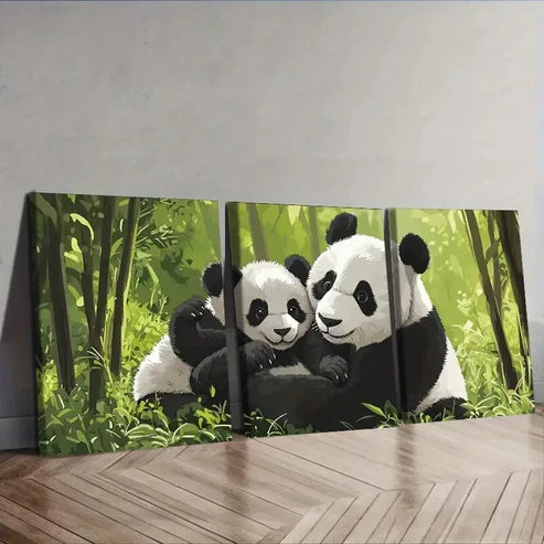 3pcs Cute panda family Wall Art Set Canvas Unframed - High Quality Print 100% Australian Made Wall Canvas