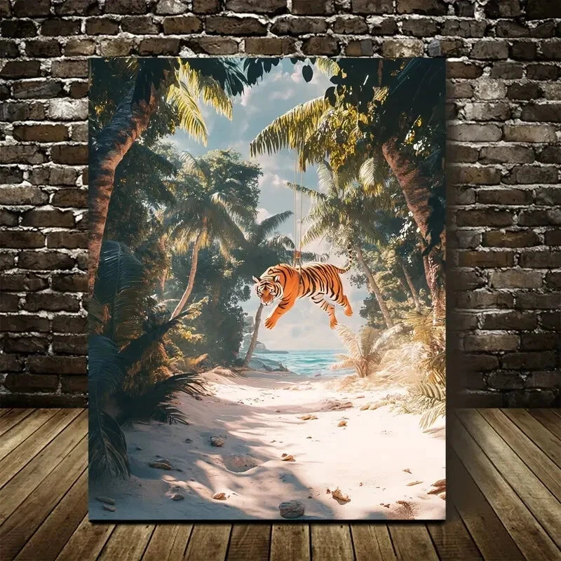 Swinging Tiger on Sandy Beach Scene Painting 40x60cm Metal Print Ready to Hang