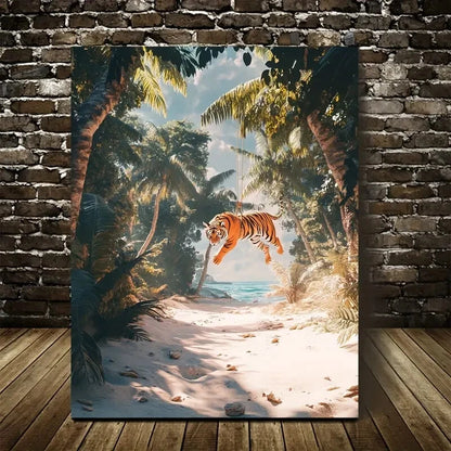 Swinging Tiger on Sandy Beach Scene Painting 40x60cm Metal Print Ready to Hang