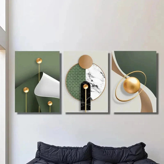 3pcs Abstract Luxury Golden Geometry Printing Metal Print Ready to Hang Art