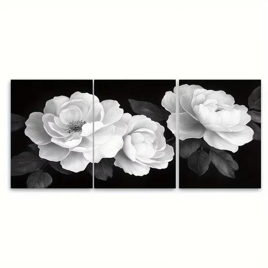 3pcs Black and White Floral Rose Metal Print Ready to Hang Art