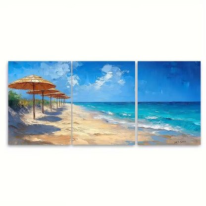 3pcs Beach Umbrellas Oil Painting Coastal Summer Metal Print Ready to Hang Art
