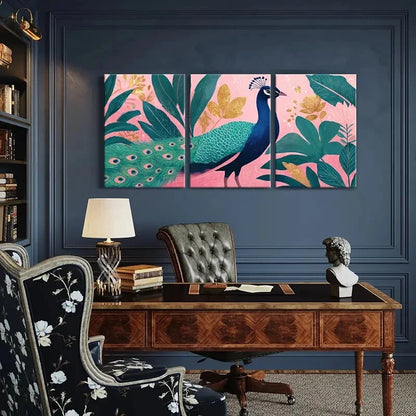 3pcs Peacock Art Tropical Leaves Golden Accents Metal Print Ready to Hang Art
