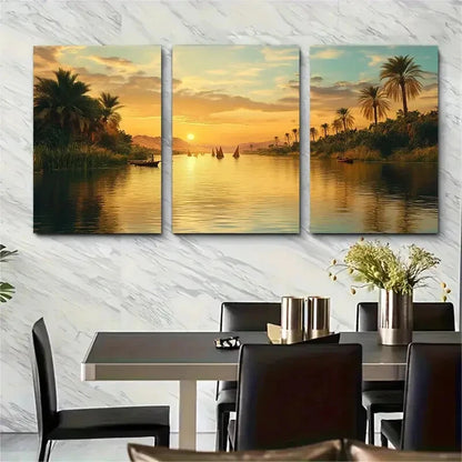 3pcs Serene Egyptian Landscape with Palm Trees Metal Print Ready to Hang Art
