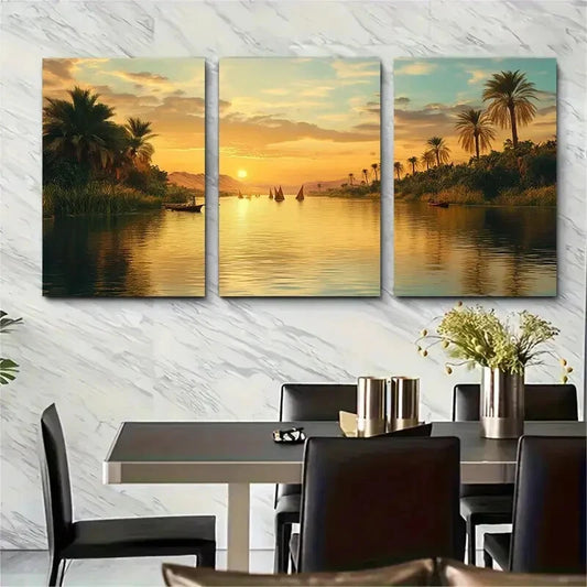 3pcs Serene Egyptian Landscape with Palm Trees Metal Print Ready to Hang Art