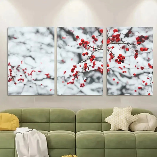 3pcs Snowy Branches with Red Berries Metal Print Ready to Hang Art