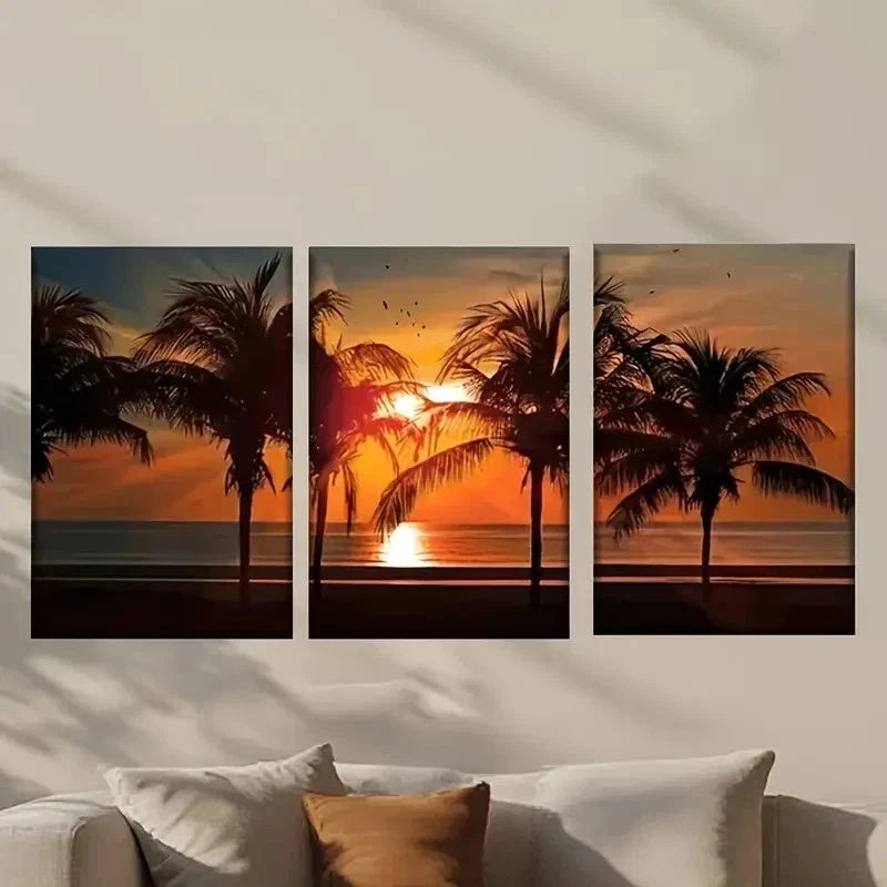 3pcs Sunset with Palm Trees and the Sun Wall Art Set Canvas Framed 40x60cm - High Quality Print 100% Australian Made Wall Canvas Ready to Hang
