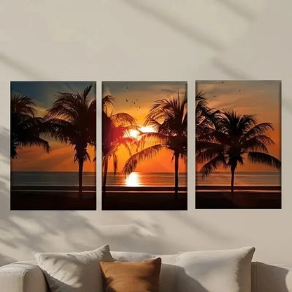 3pcs Sunset with Palm Trees and the Sun Wall Art Set Canvas Framed 40x60cm - High Quality Print 100% Australian Made Wall Canvas Ready to Hang