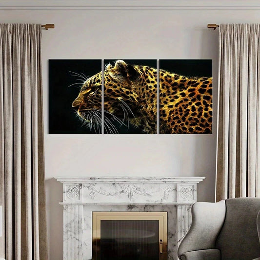 3pcs Animal Leopard Abstract Stunning Golden Metal Print Ready to Hang Art