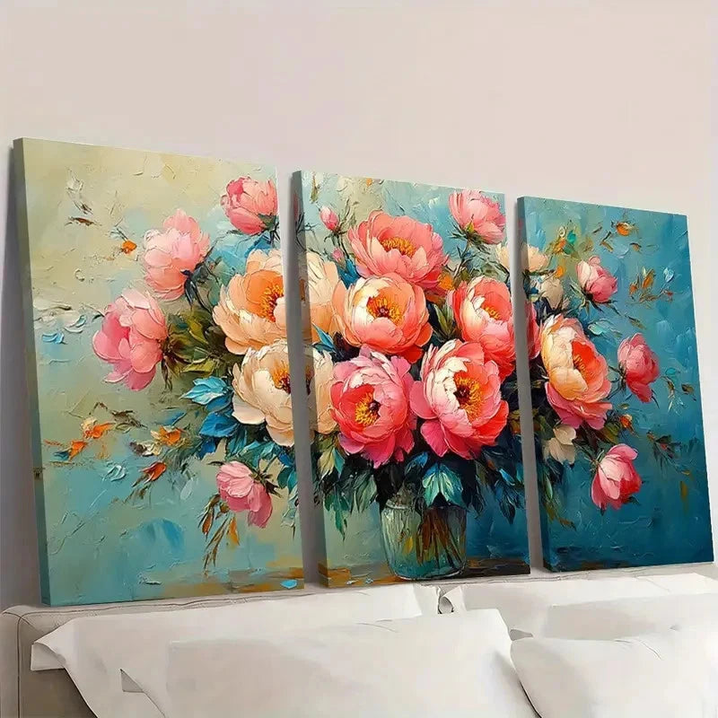 3pcs Peony Painting Floral  Roses Bouquet PF Wall Art Set Canvas Framed 60x90cm - High Quality Print 100% Australian Made Wall Canvas Ready to Hang
