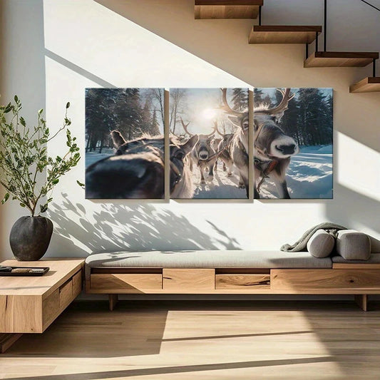 3pcs Sleigh Snow Scene Reindeer Animal Winter Metal Print Ready to Hang Art