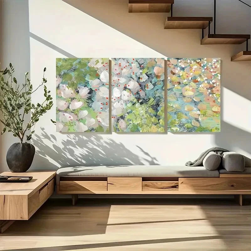 3pcs Cottage Garden Flowers in Green Floral Art Metal Print Ready to Hang Art